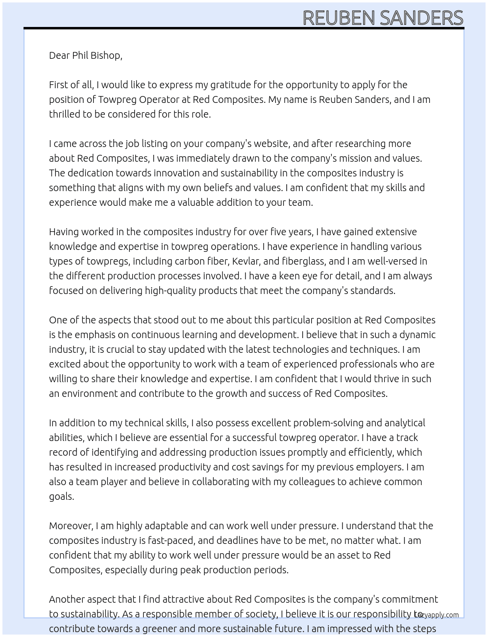 towpreg operator At Red Composites Cover Letter