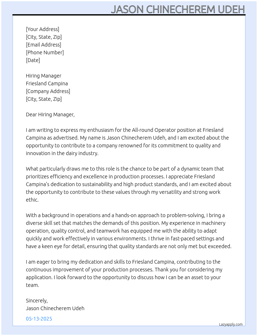 All-round operator  At Friesland Campina Cover Letter