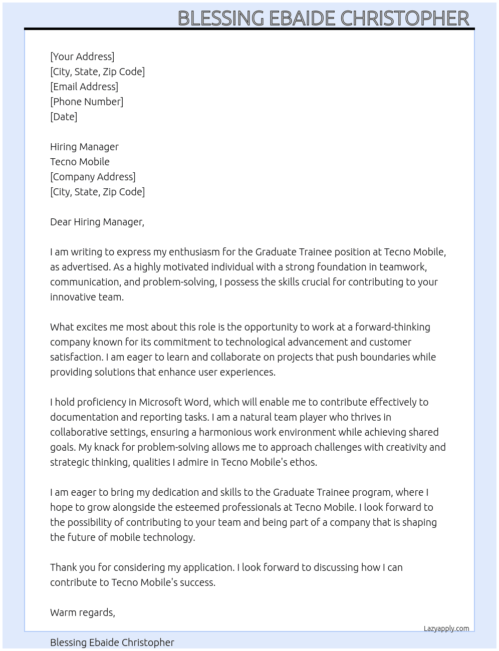 Graduate trainee At Tecno mobile  Cover Letter