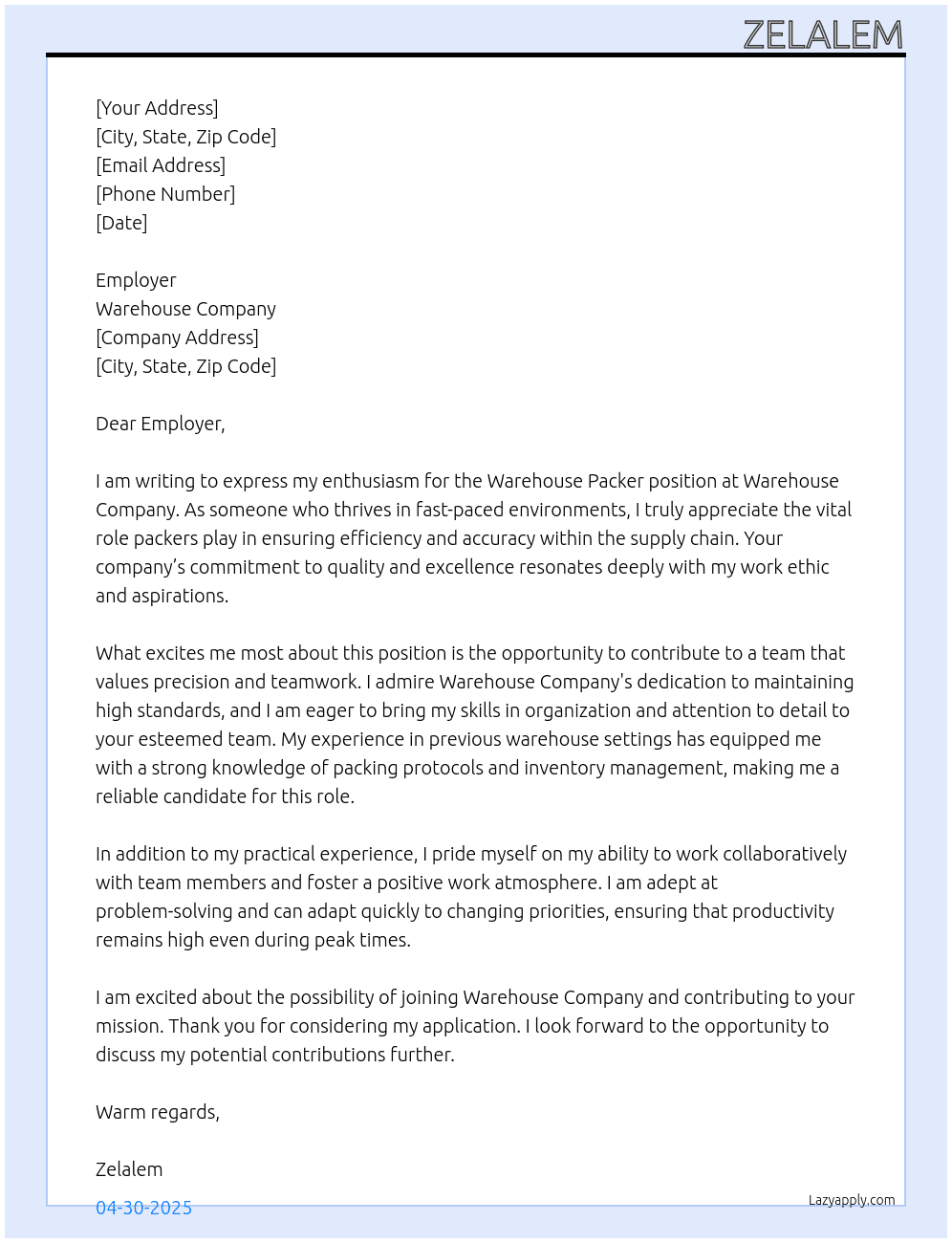 warehouse packer At warehouse company  Cover Letter