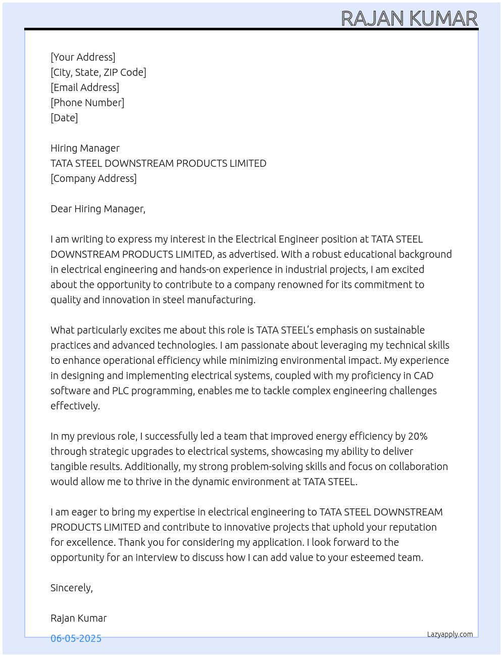 ELECTRICAL ENGINEER At TATA STEEL DOWNSTREAM PRODUCTS LIMITED Cover Letter