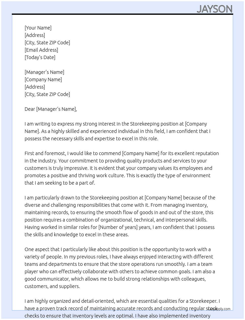 Store keeping  At Store Cover Letter