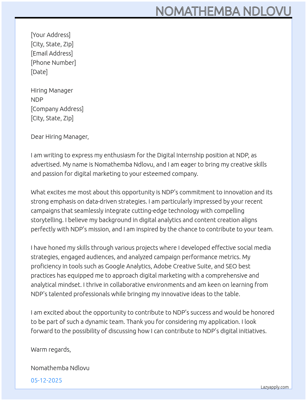 Digital Internship  At NDP Cover Letter