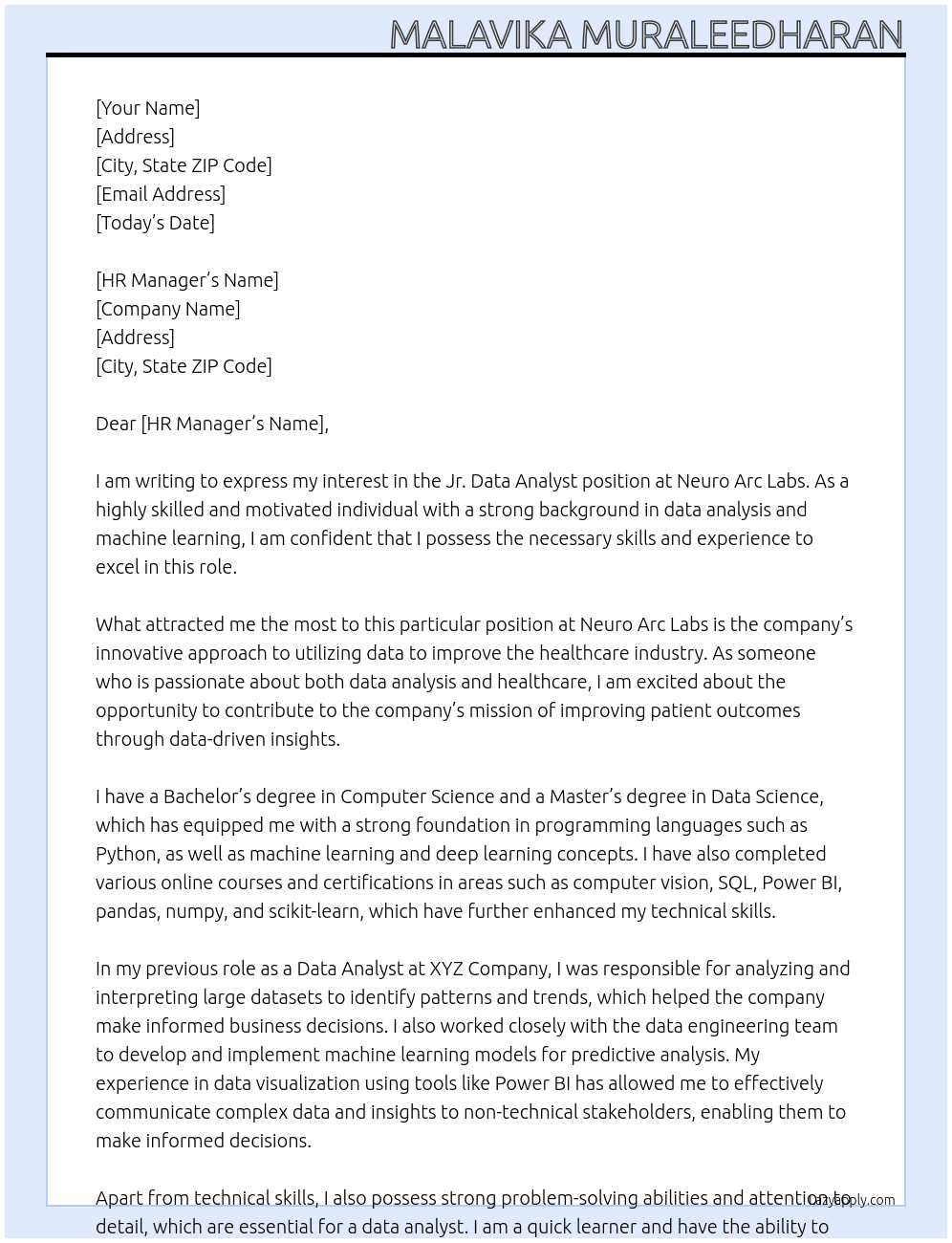 Cover letter for jr.data analyst - LazyApply