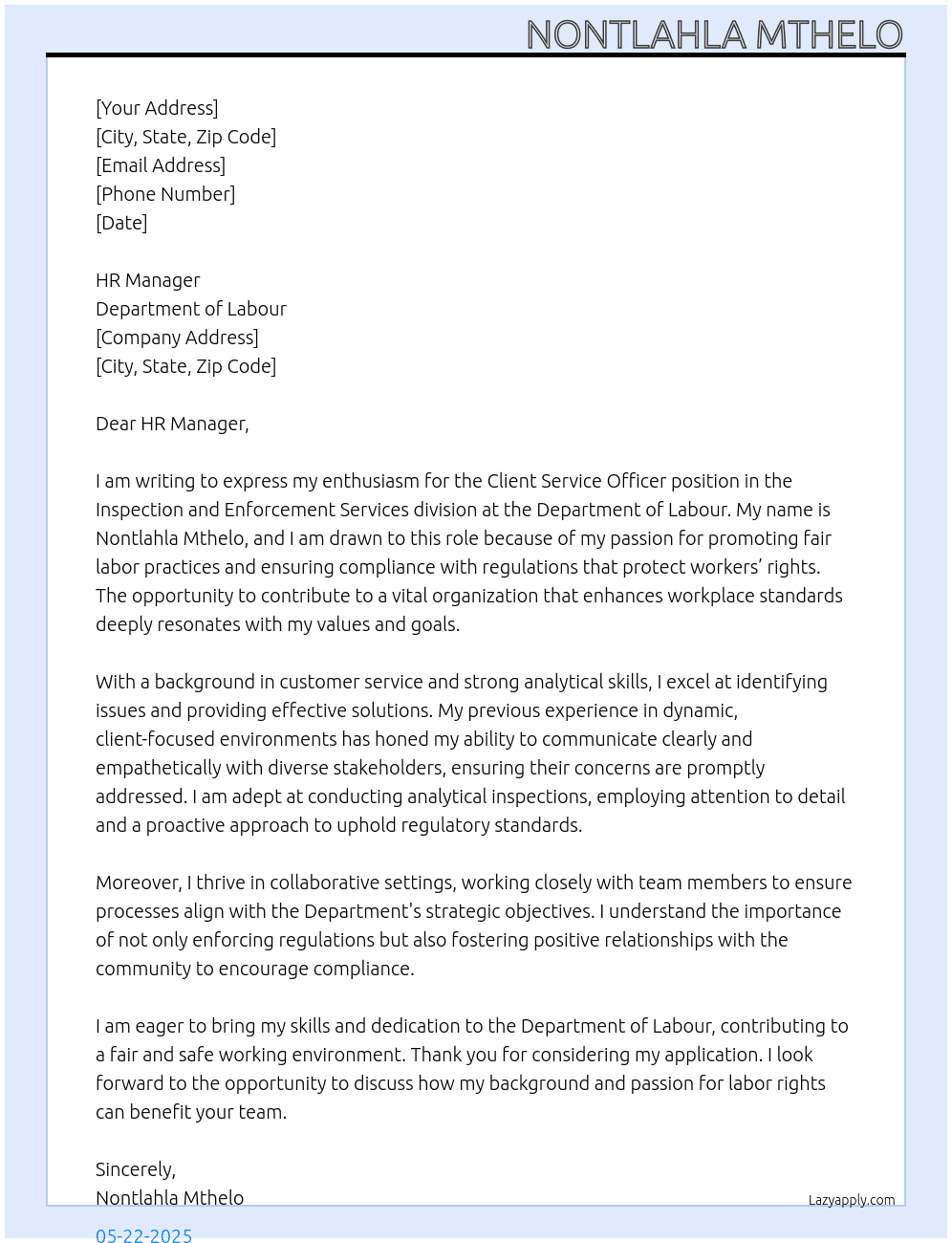 Cover letter for client service officer: inspection and enforcement services - LazyApply