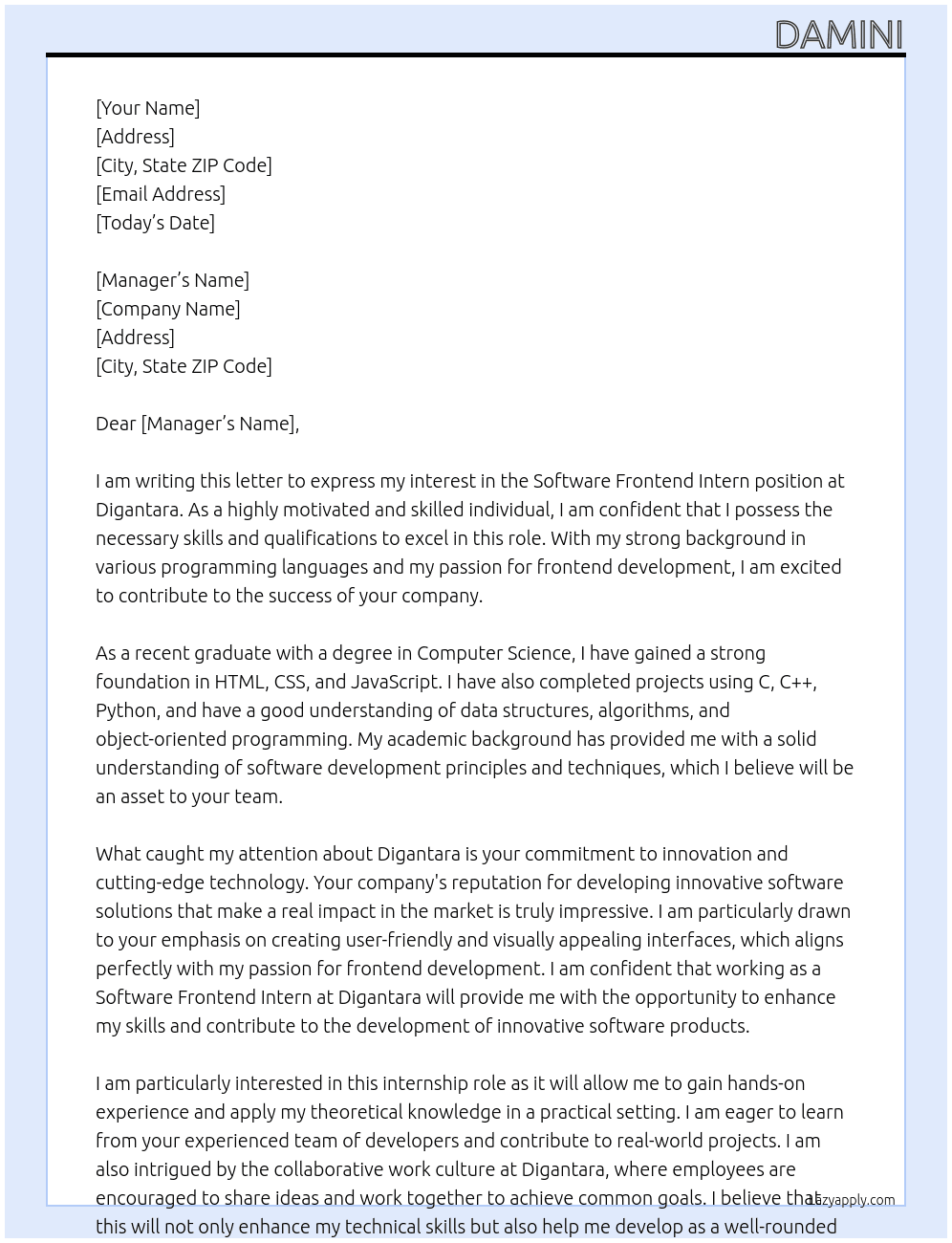 Software frontend intern At Digantara Cover Letter