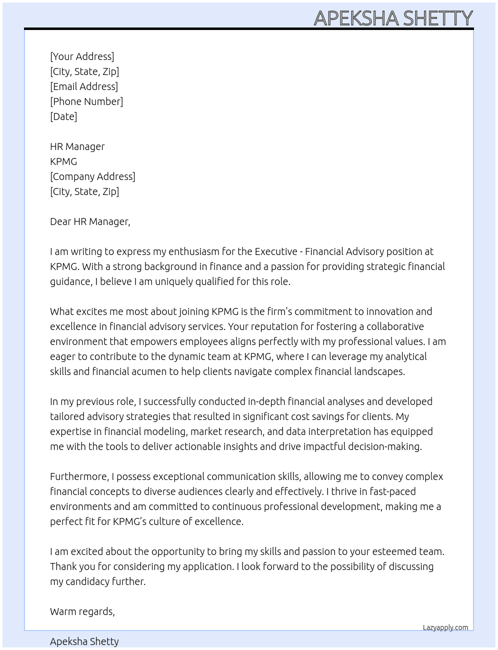 Cover letter for executive - financial advisory - LazyApply