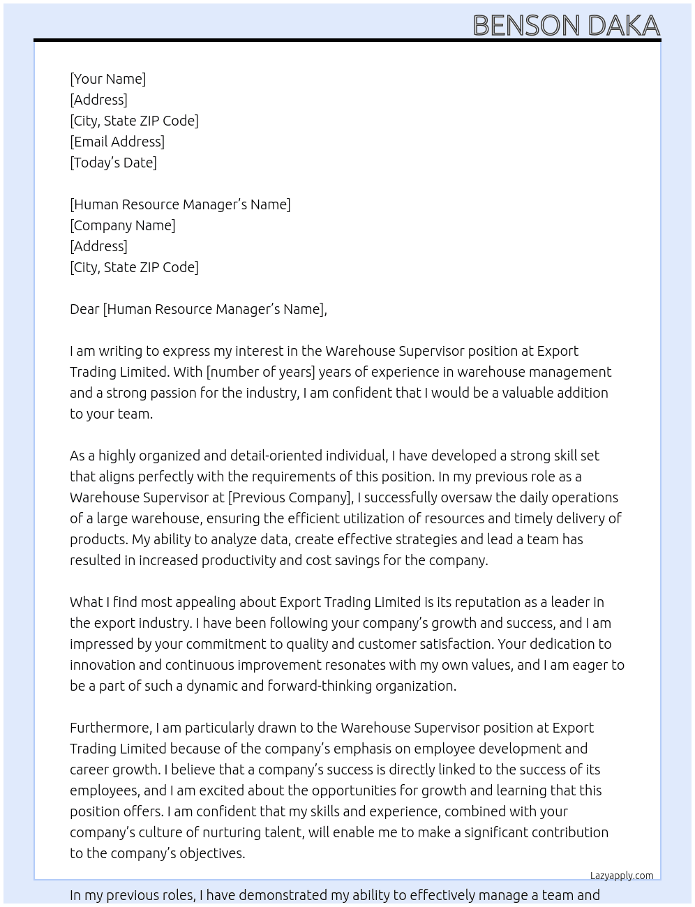 Warehouse supervisor  At Export trading limited  Cover Letter