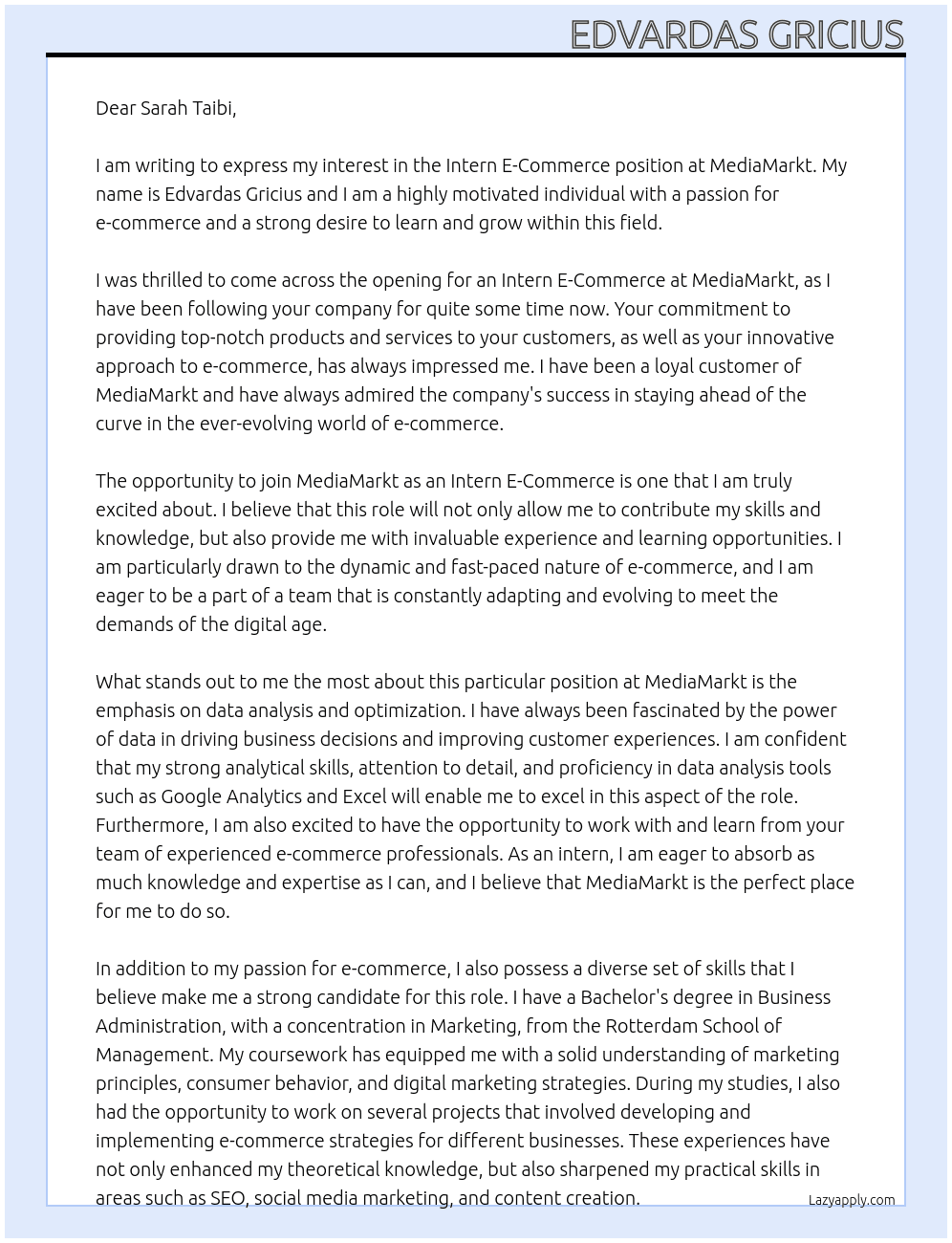 Intern E-Commerce At MediaMarkt Cover Letter
