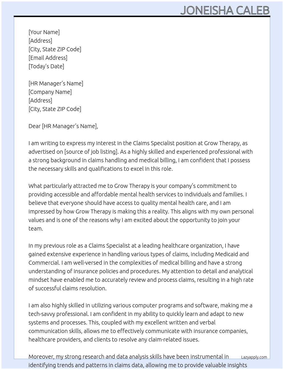 Cover letter for claims specialist - LazyApply