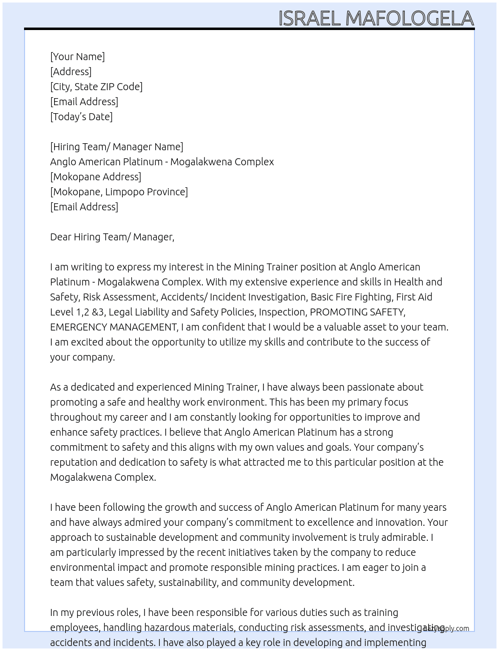 Mining Trainer At Anglo American Platinum - Mogalakwena Complex Cover Letter