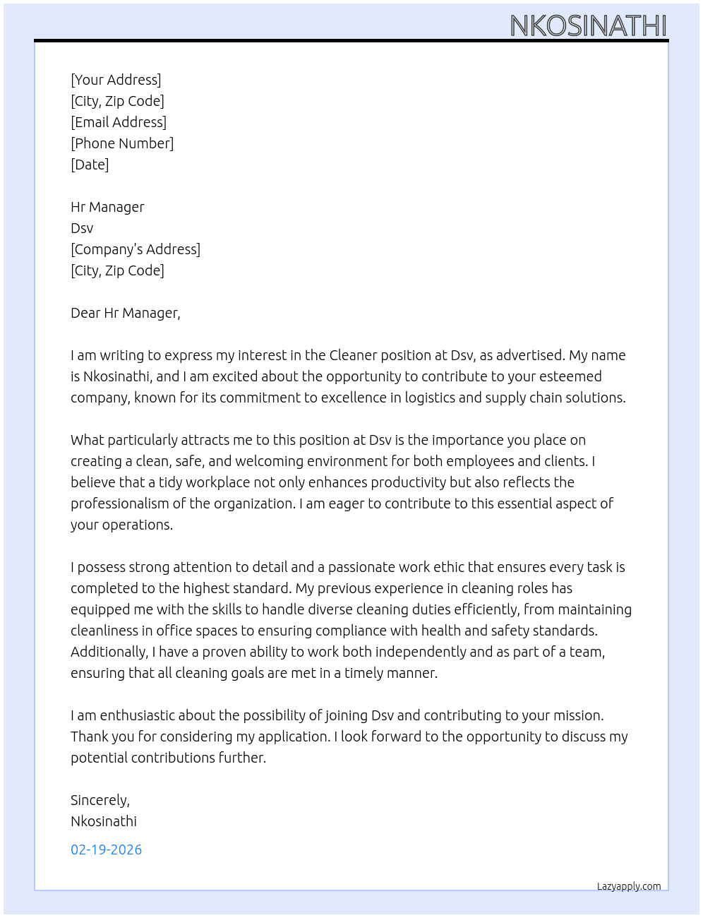 Cleaner At Dsv Cover Letter