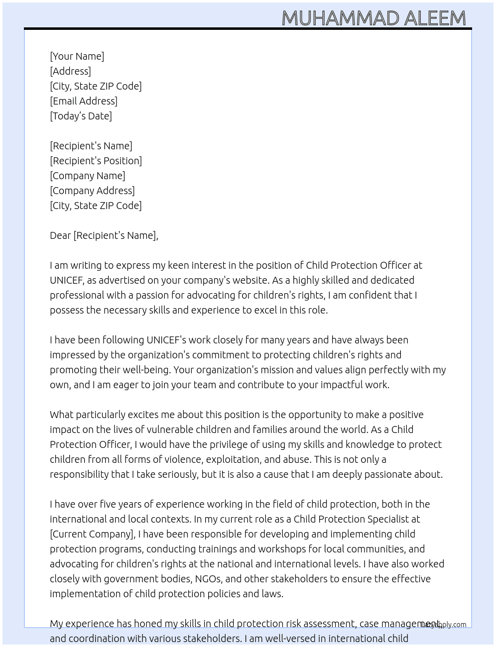 Child protection officer  At UNICEF  Cover Letter