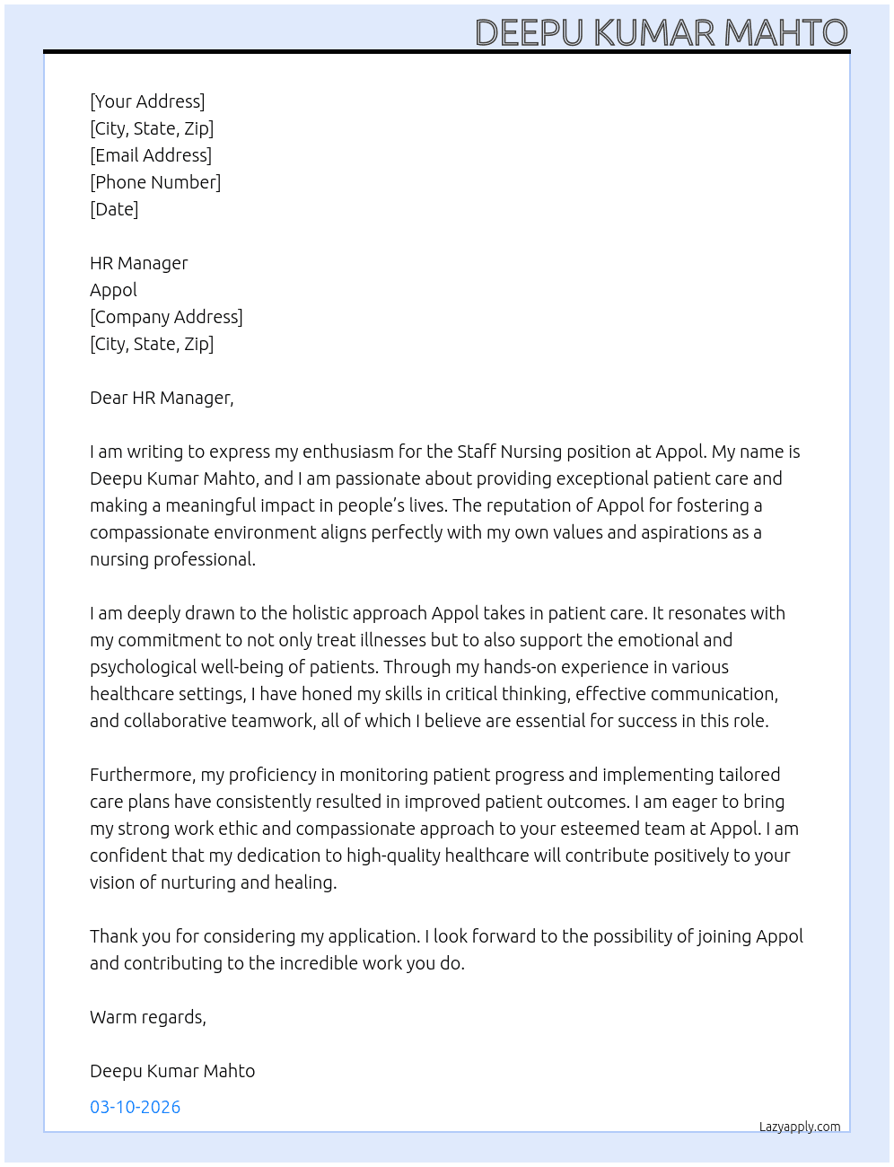 Staff nursing  At Appol  Cover Letter