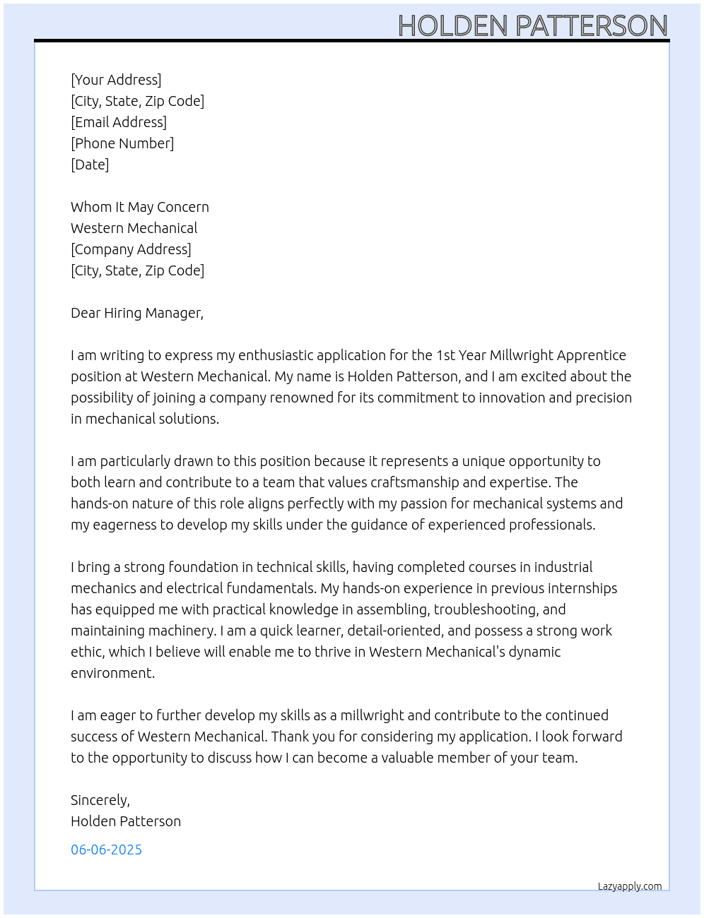 1st year millwright apprentice At Western Mechanical  Cover Letter