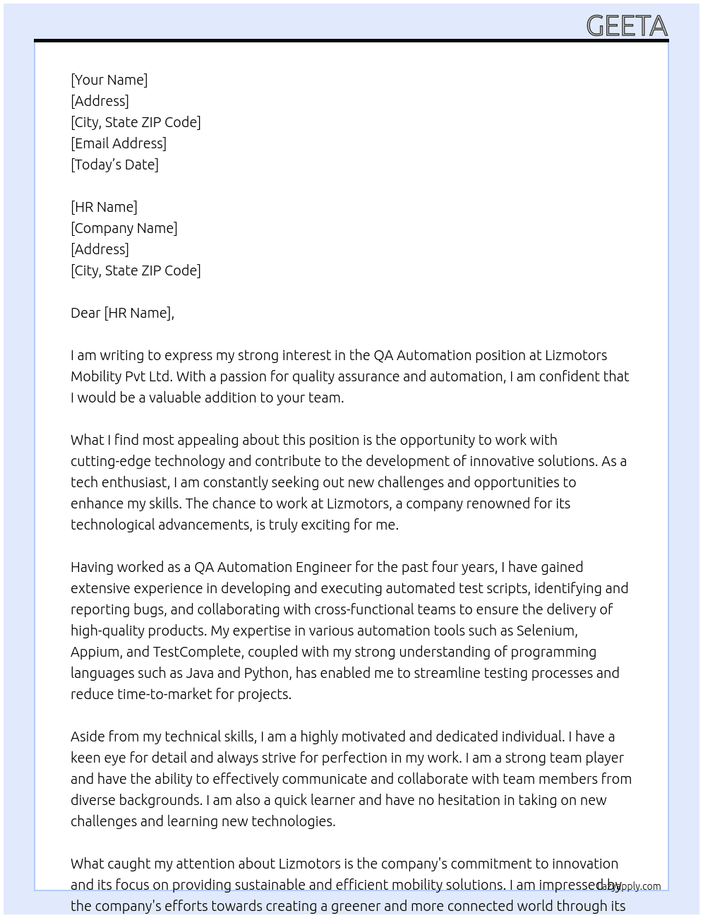 QA automation At Lizmotors Mobility Pvt Ltd. Cover Letter