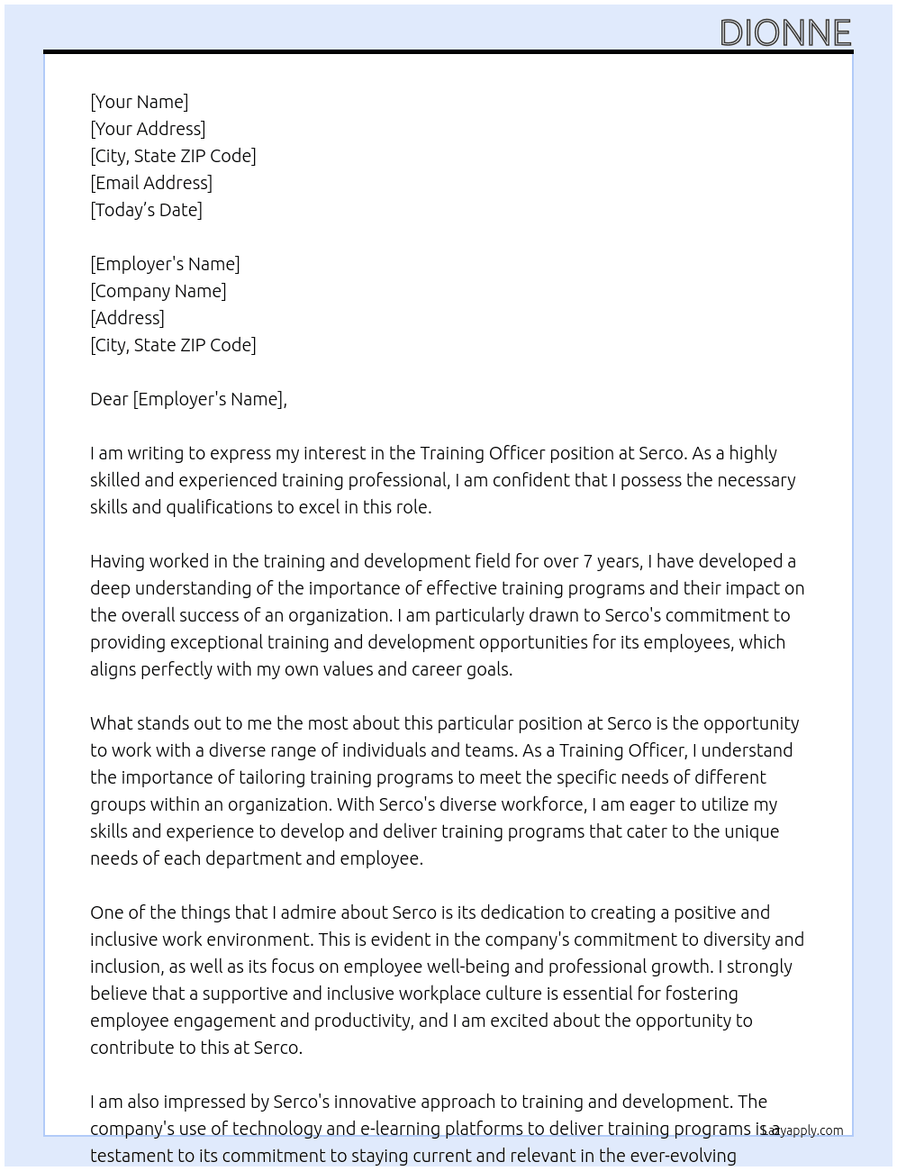 Training Officer At Serco  Cover Letter