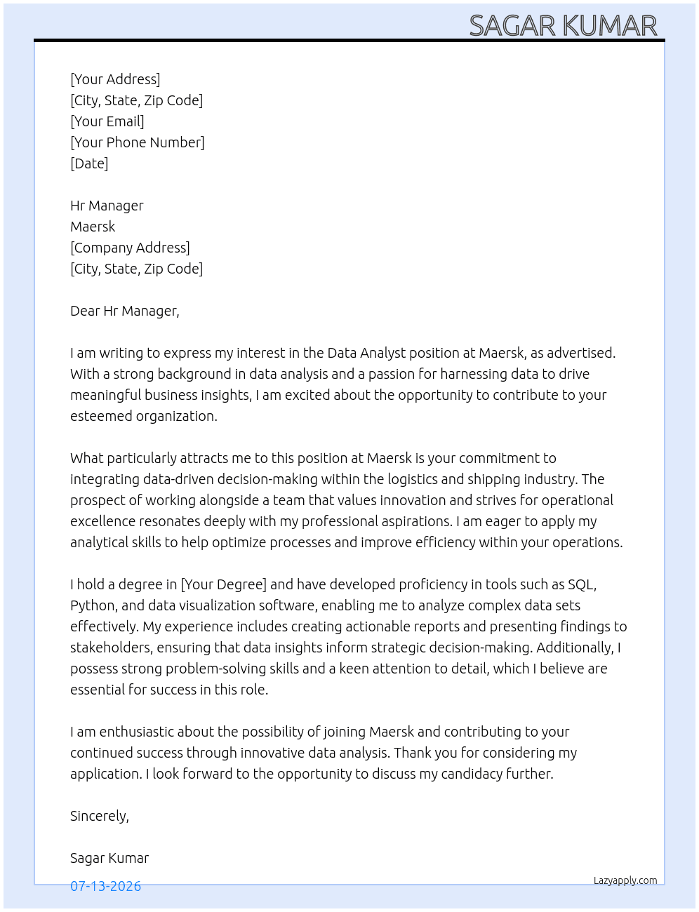 Data analyst  At Maersk Cover Letter