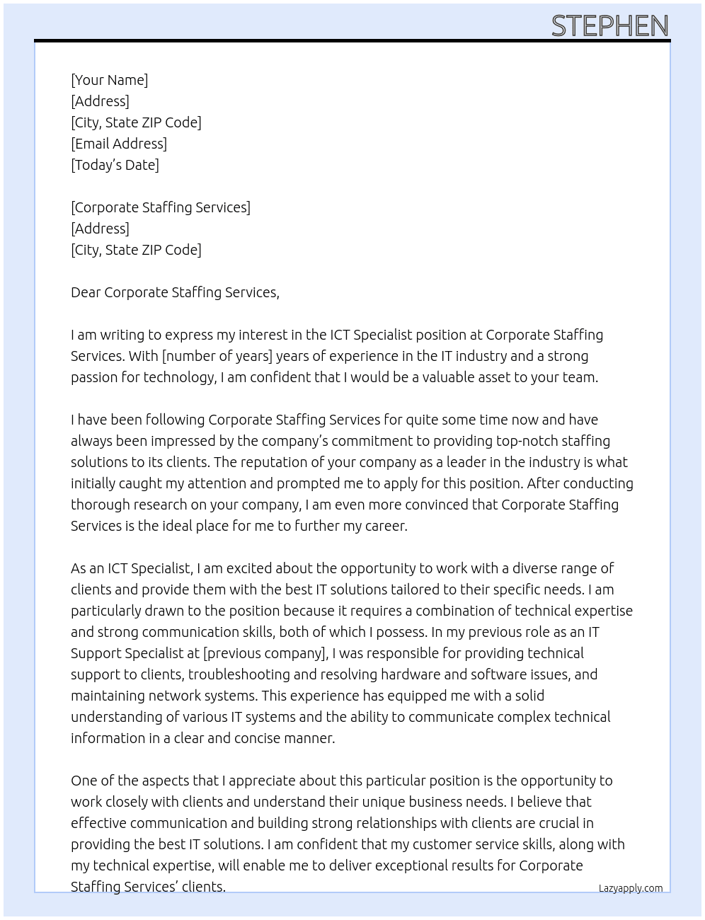Cover letter for ict specialist - LazyApply
