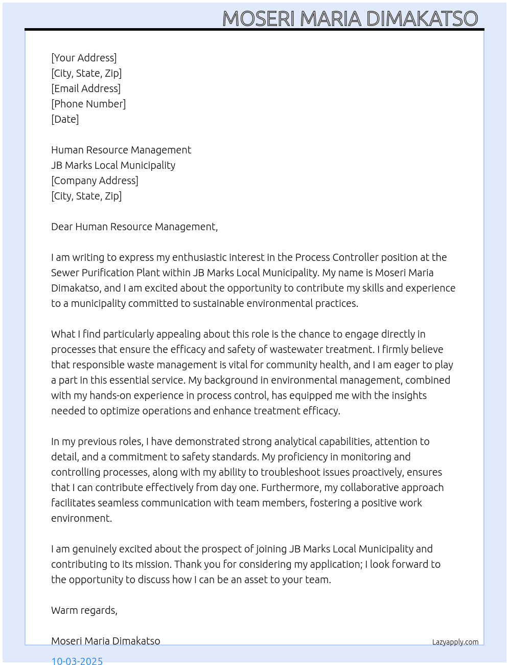 Process Controller  At JB Marks Local Municipality  Cover Letter