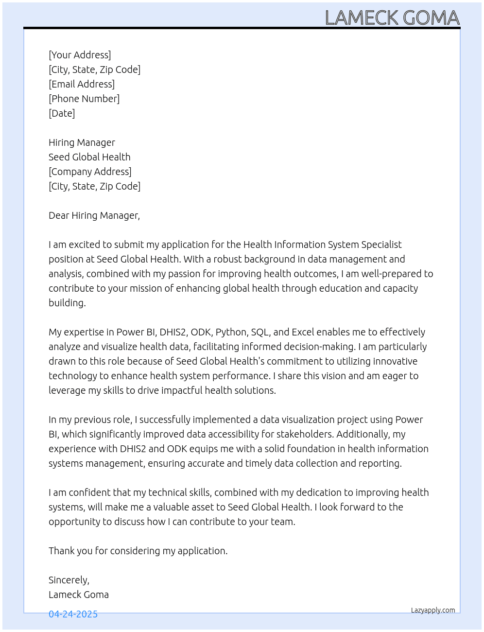Health Information System Specialist At Seed Global Health Cover Letter