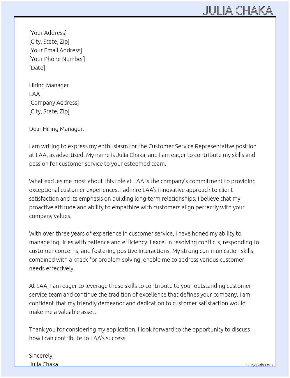 Customer service representative  At LAA Cover Letter