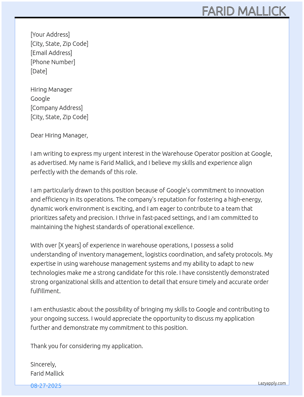 Cover letter for warehouses operater - LazyApply