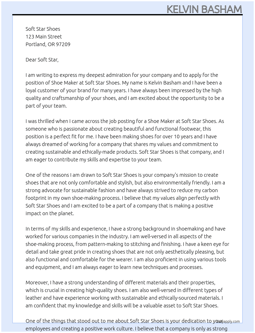 shoe maker At soft star shoes Cover Letter