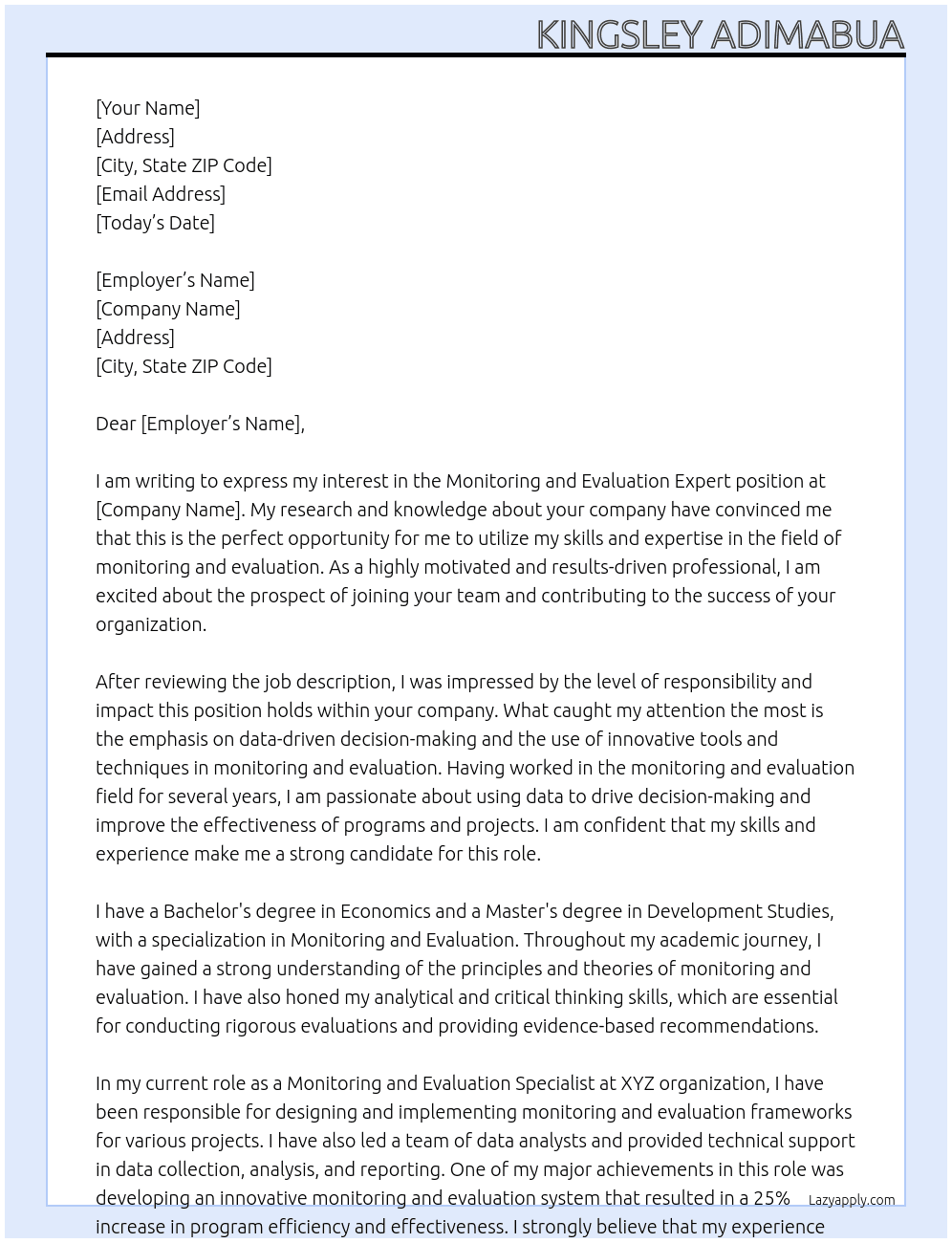 Cover letter for monitoring and evaluation expert - LazyApply