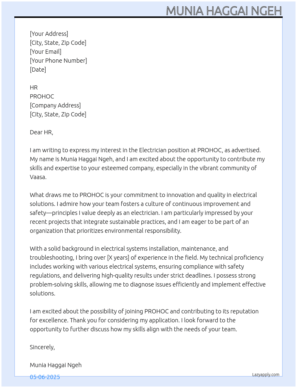 ELECTRICIAN At PROHOC Cover Letter