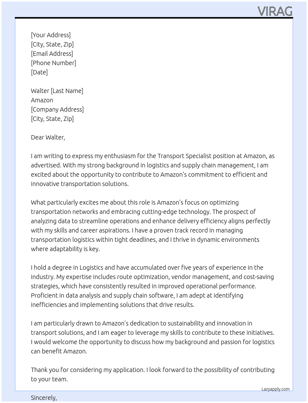 Cover letter for transport specialist - LazyApply