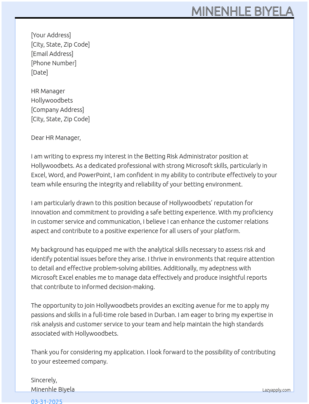 Betting Risk Administrator At Hollywoodbets Cover Letter