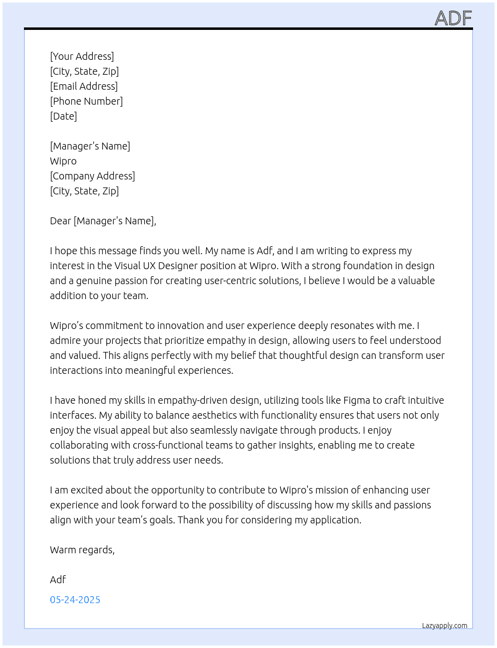 Cover letter for visual  ux designer - LazyApply