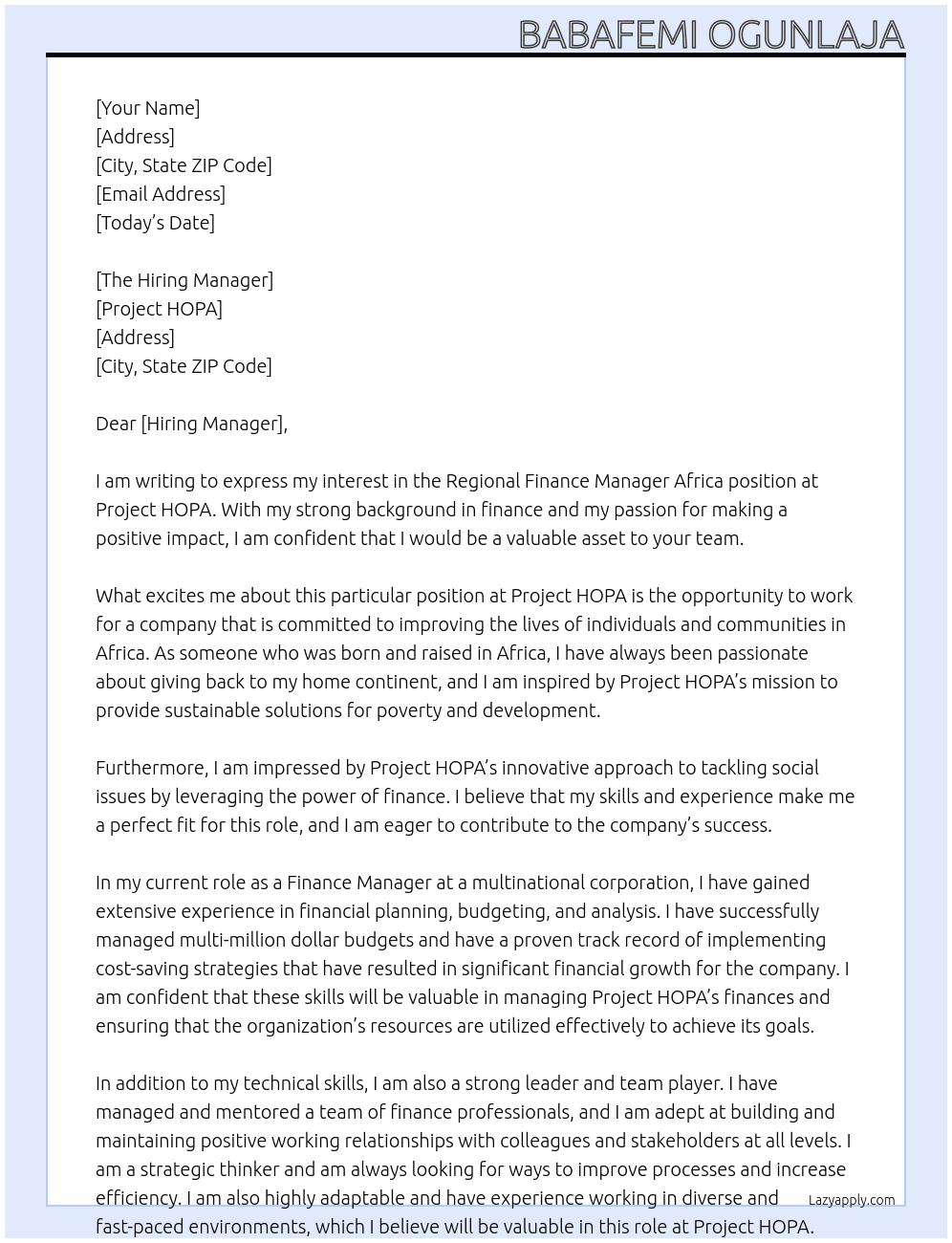 Cover letter for regional finance manager africa - LazyApply
