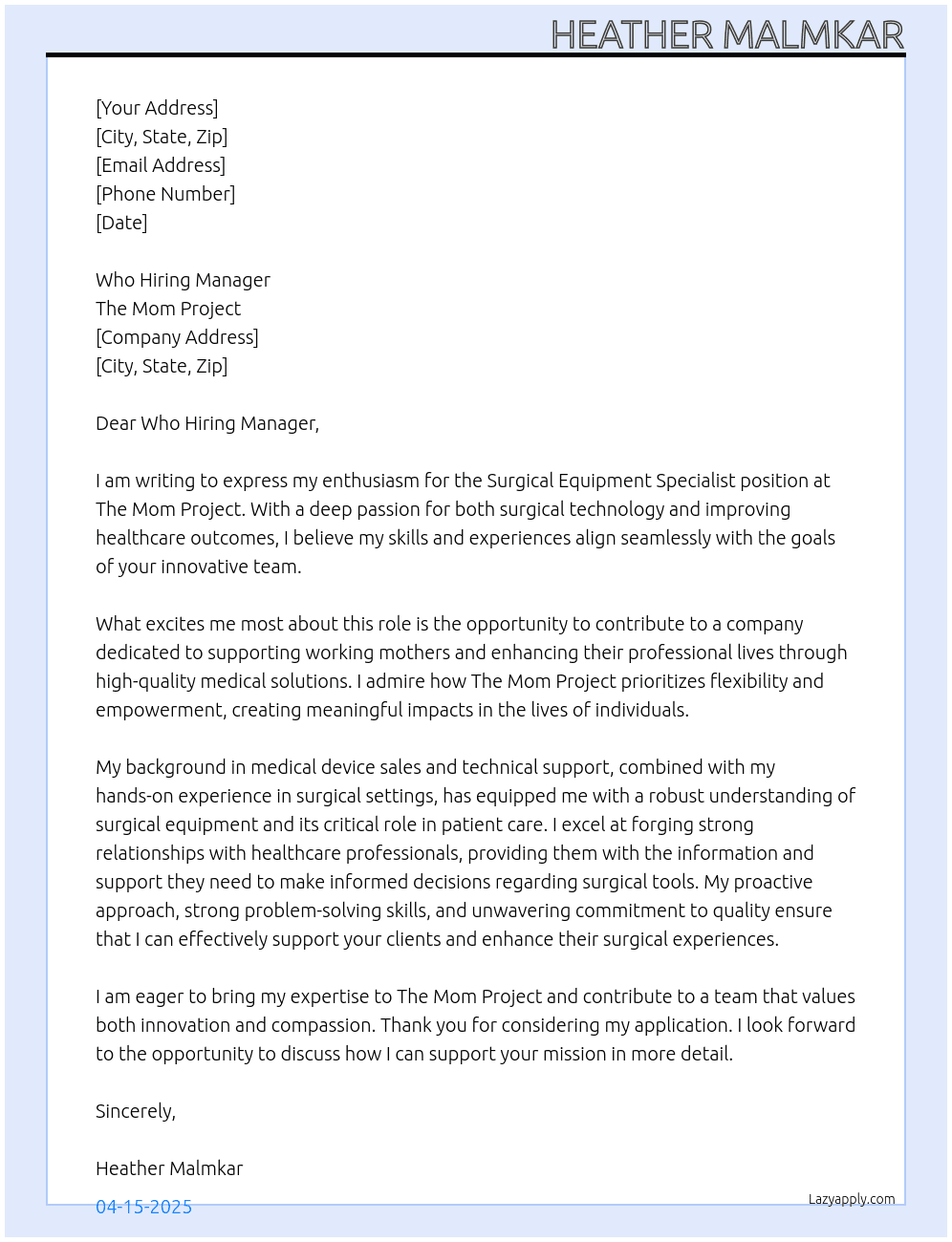 Cover letter for surgical equipment specialist - LazyApply