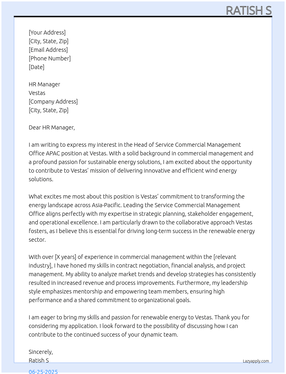 Head of Service Commercial Management Office APAC At Vestas Cover Letter