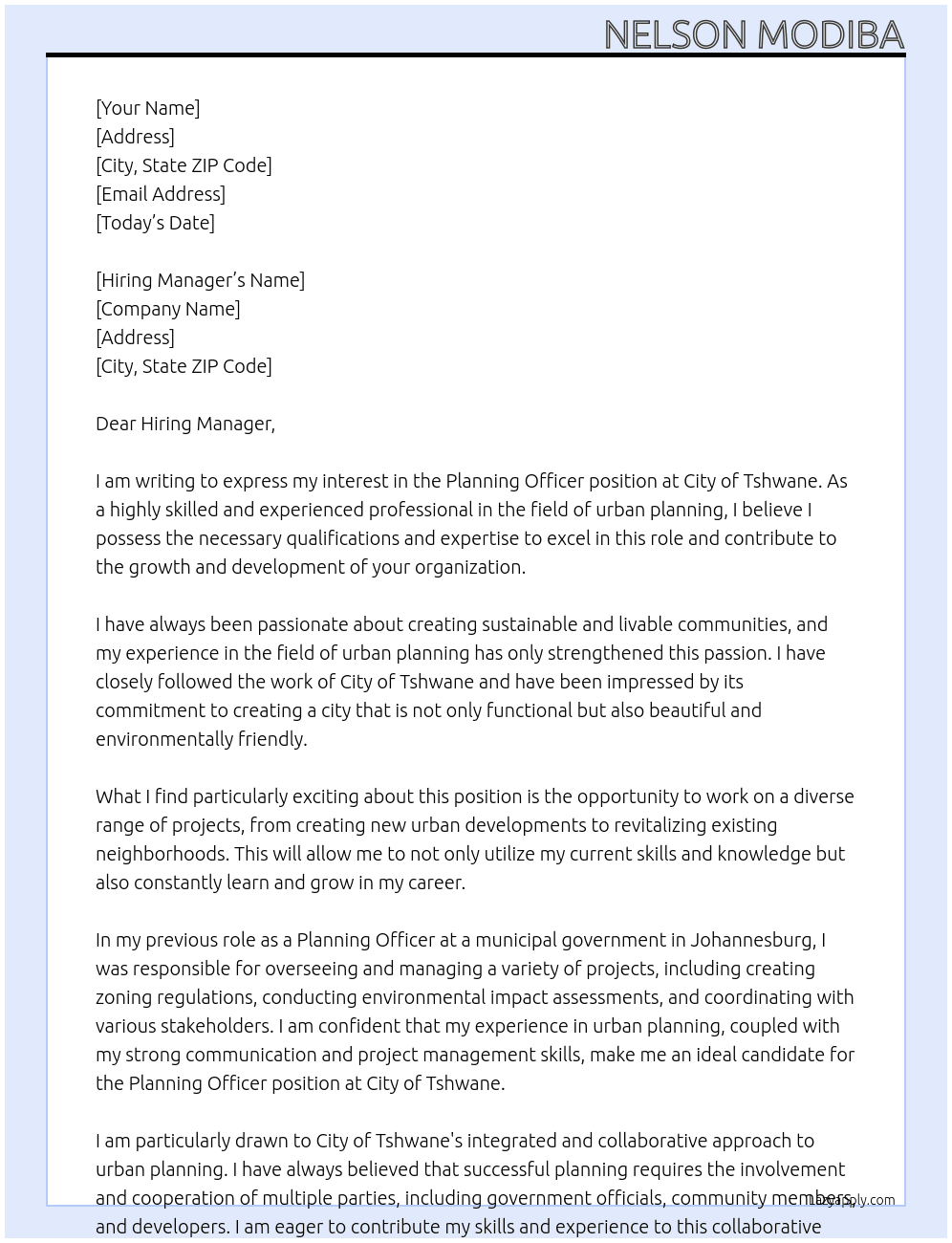 planning officer At City of Tshwane Cover Letter
