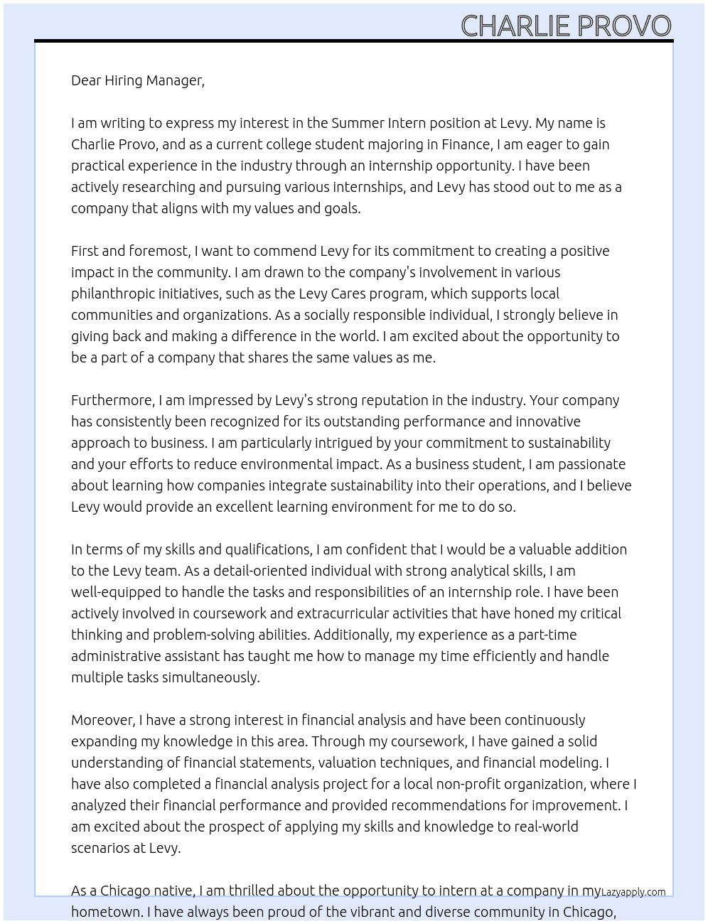 Summer Intern At Levy Cover Letter