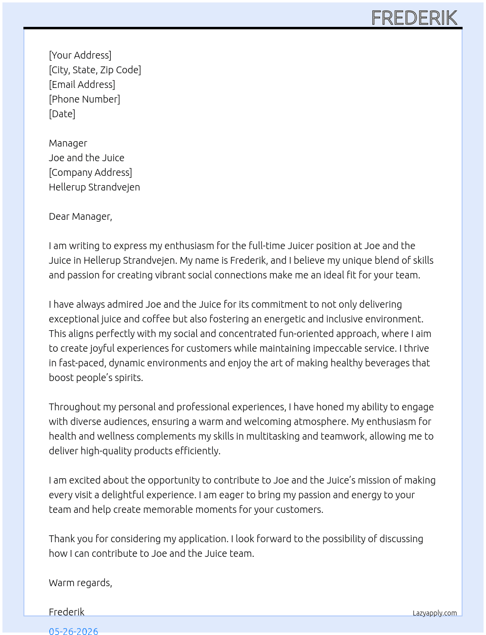 juicer At joe and the juice Cover Letter