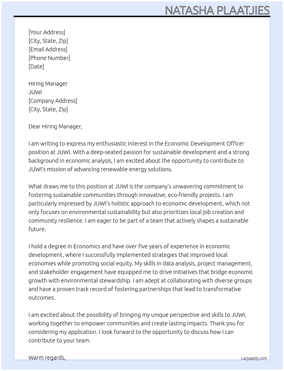 Economic Development Officer At JUWI Cover Letter
