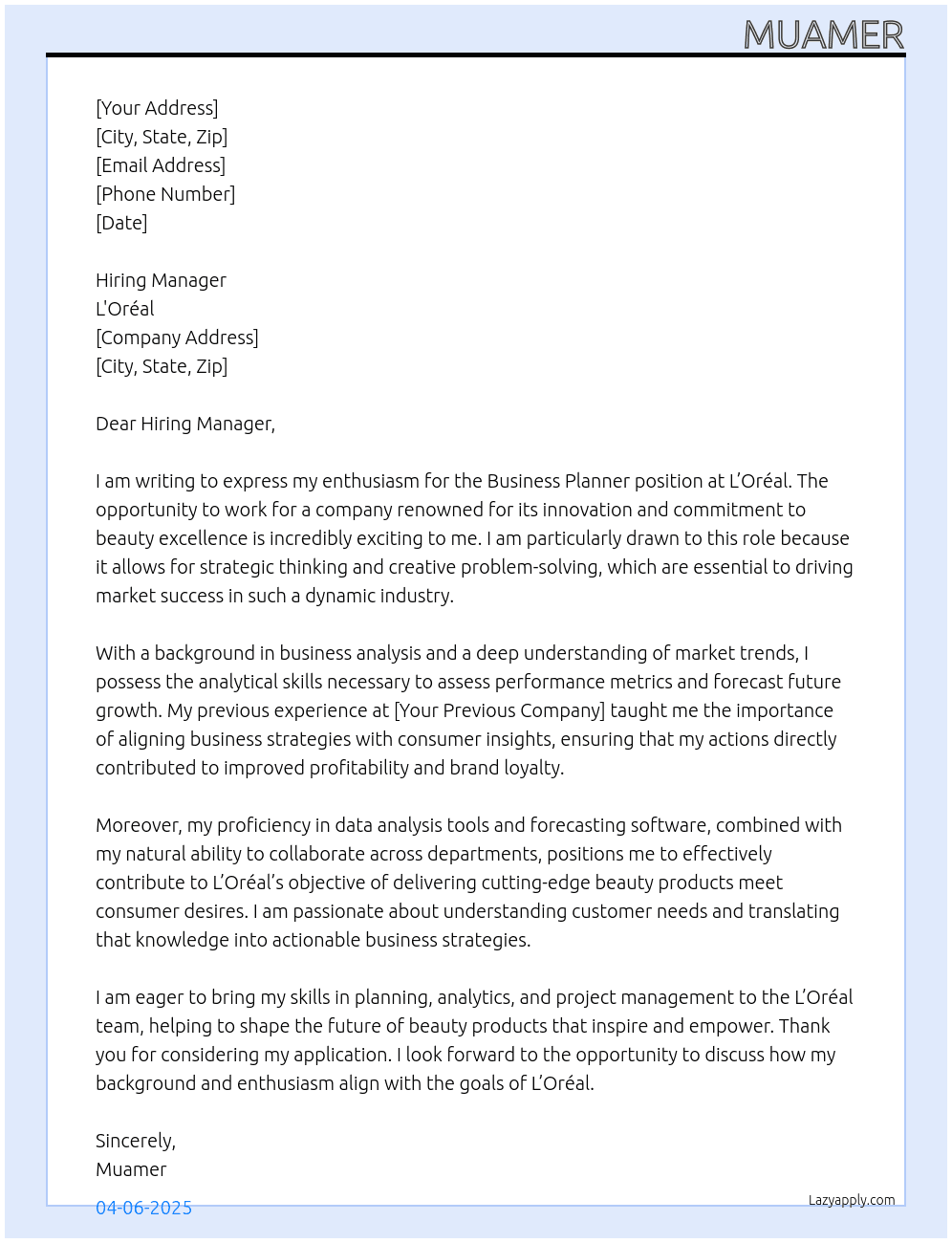 bussness planner At L'oréal Cover Letter
