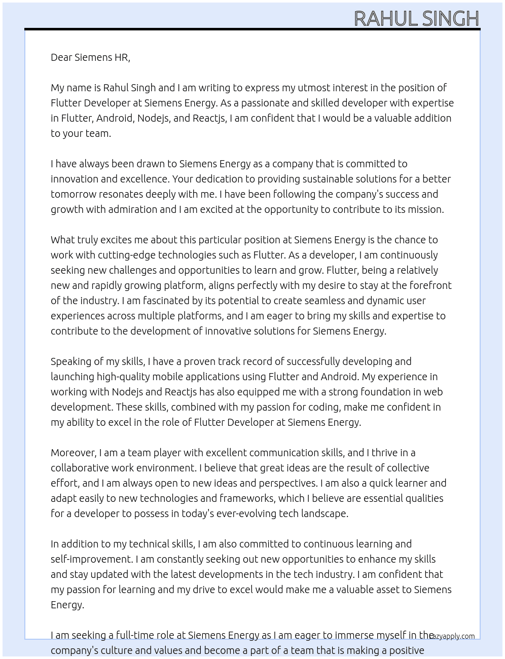 Flutter Developer  At Siemens Energy  Cover Letter