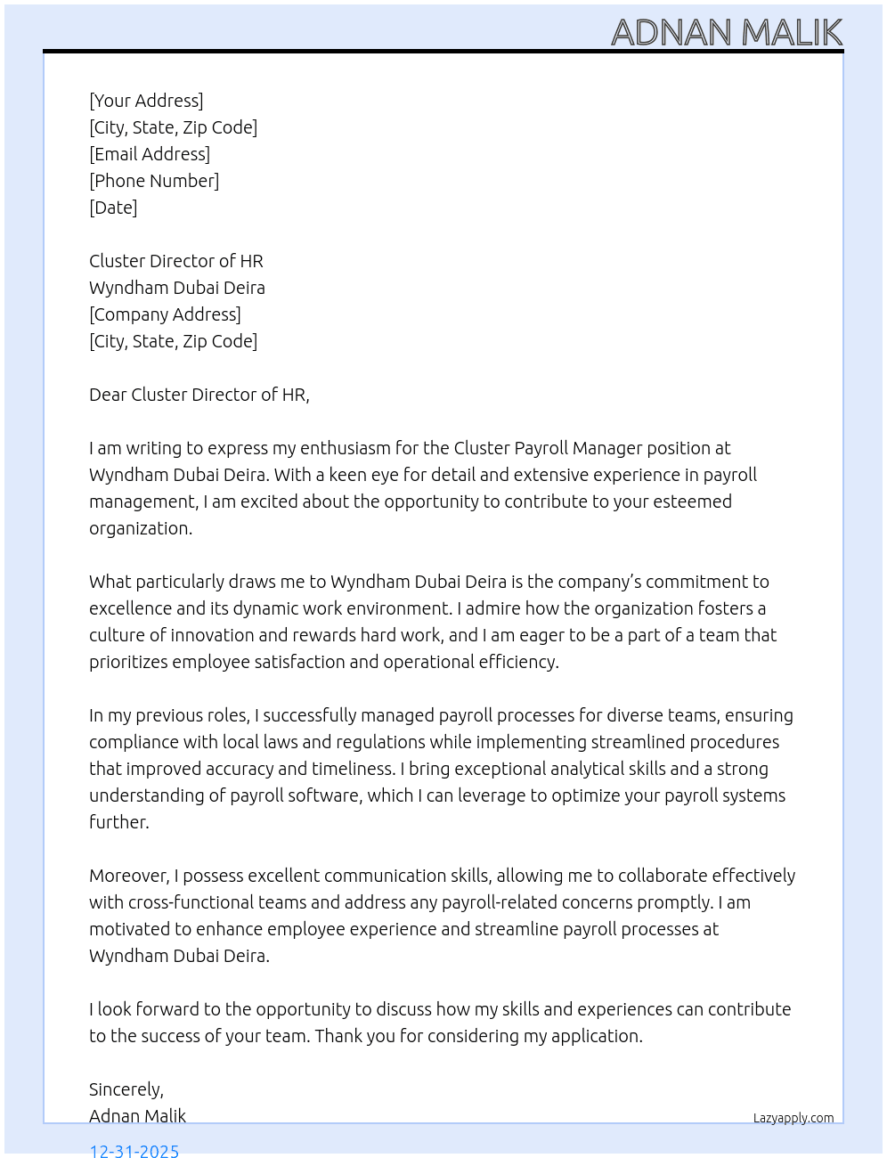 Cluster Payroll Manager At Wyndham Dubai Deira Cover Letter
