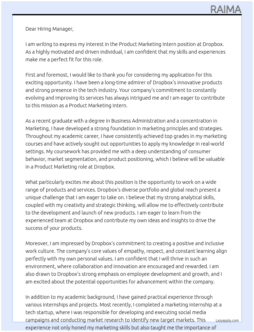Product Marketing Intern At Dropbox Cover Letter