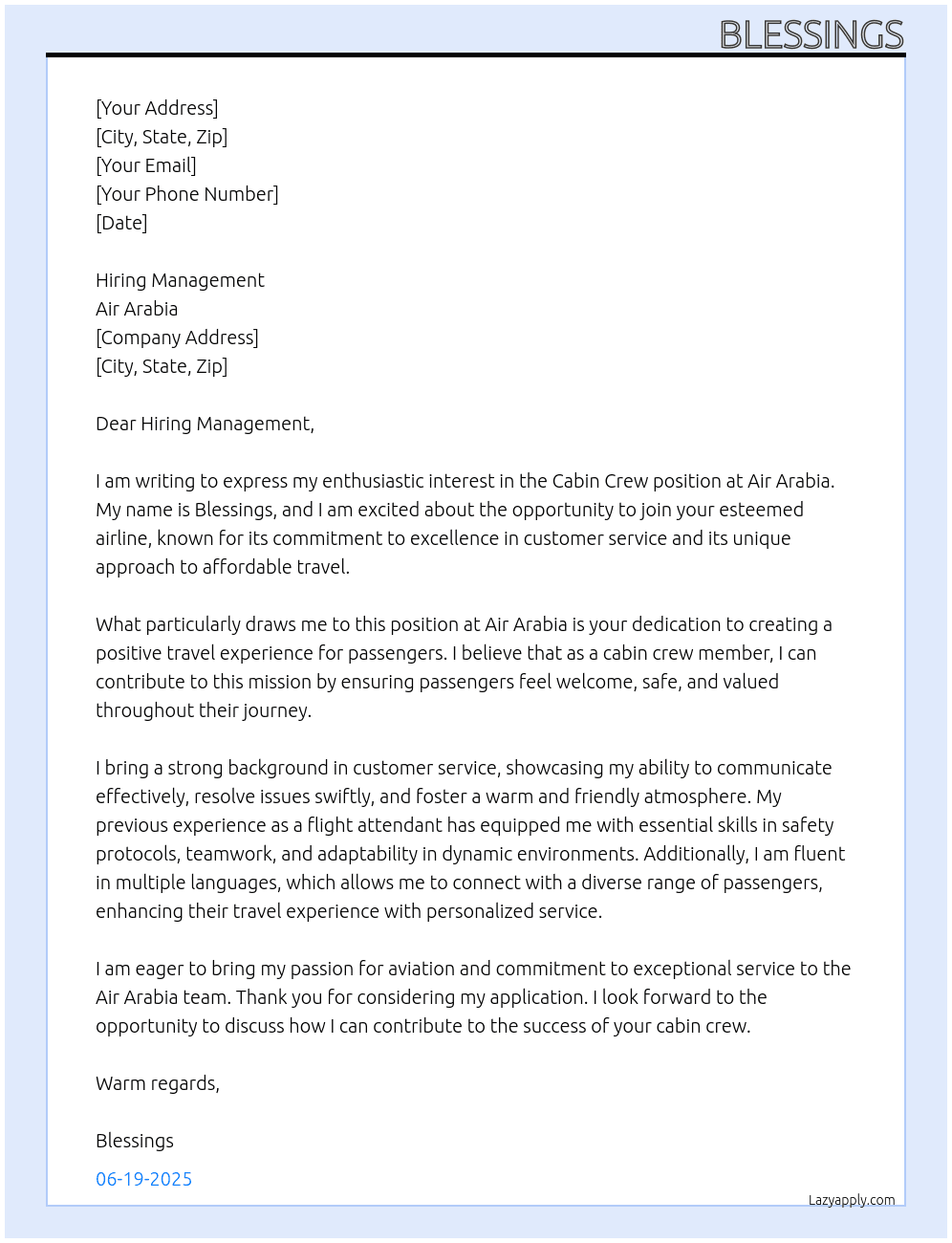 Cabin crew At Air aribia  Cover Letter