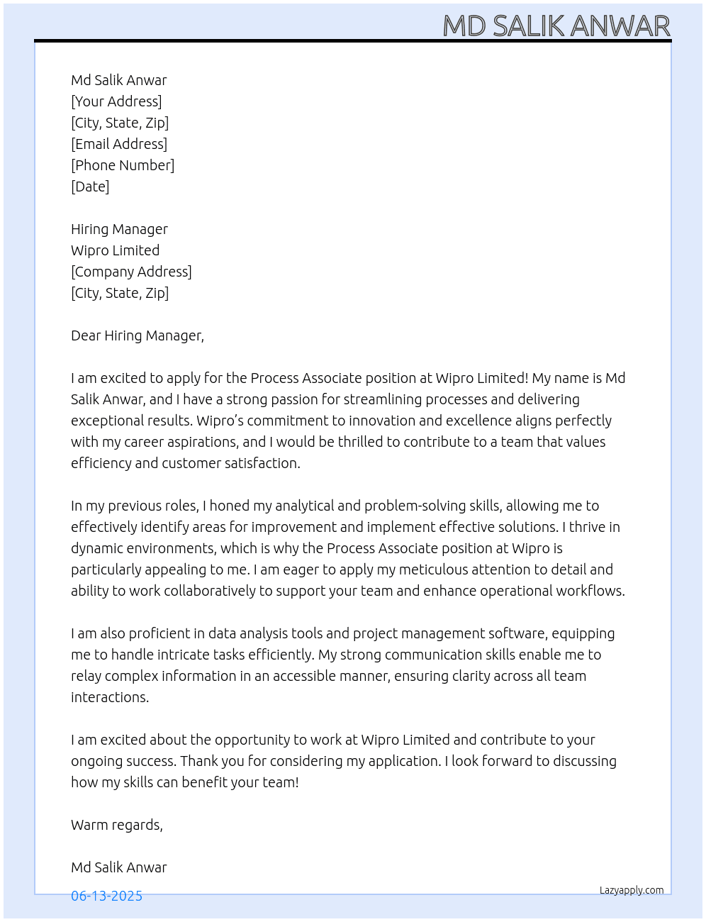 Process Associate At Wipro limited  Cover Letter