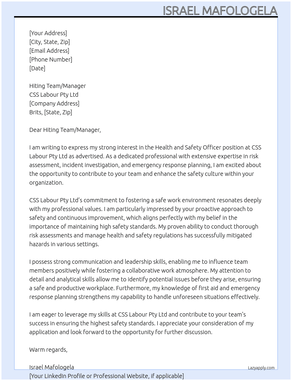Health and Safety Officer,  At CSS Labour Pty Ltd - Brits Cover Letter