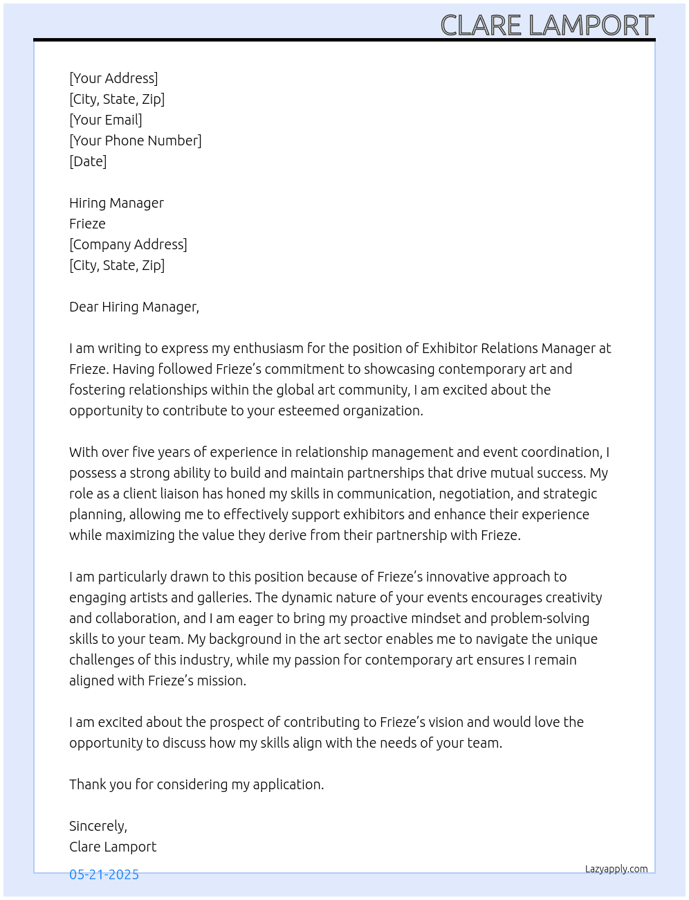 Exhibitor Relations Manager At Frieze Cover Letter
