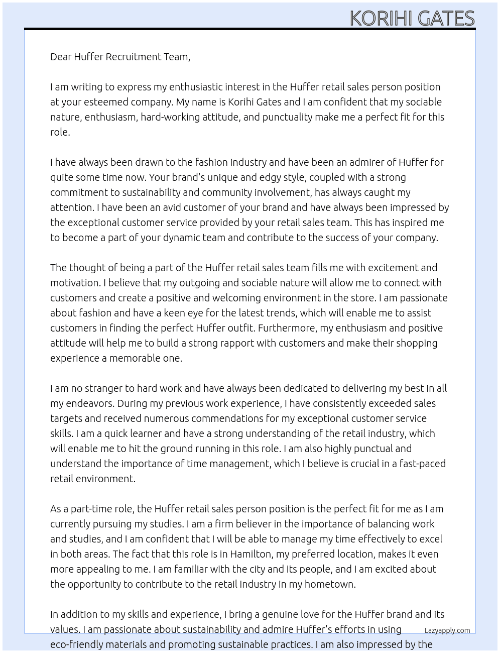 Huffer retail sales person At Huffer Cover Letter