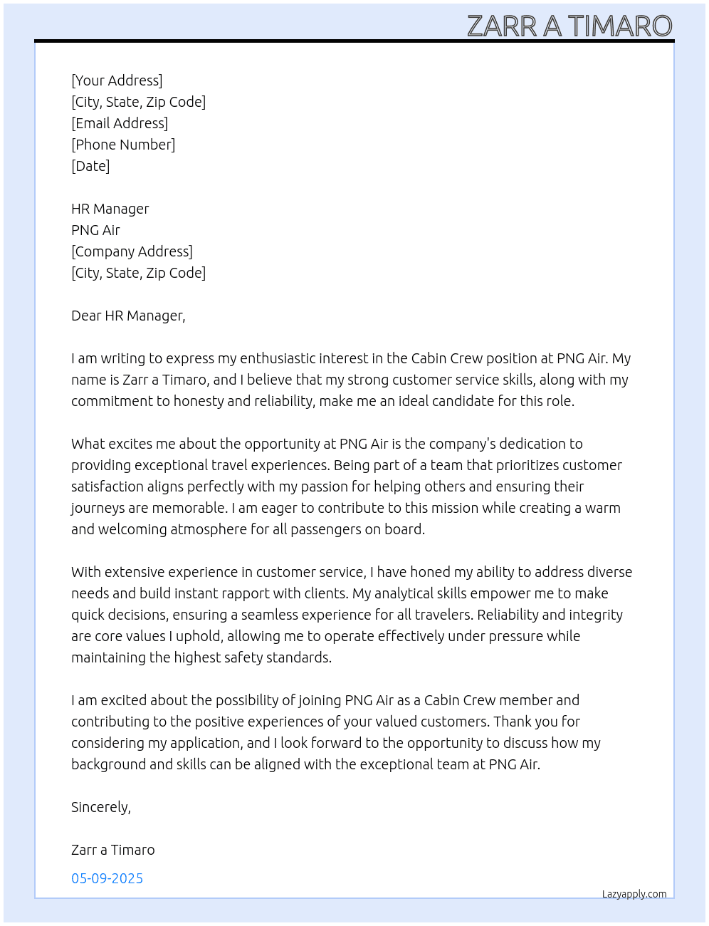 Cabin Crew At PNG Air Cover Letter
